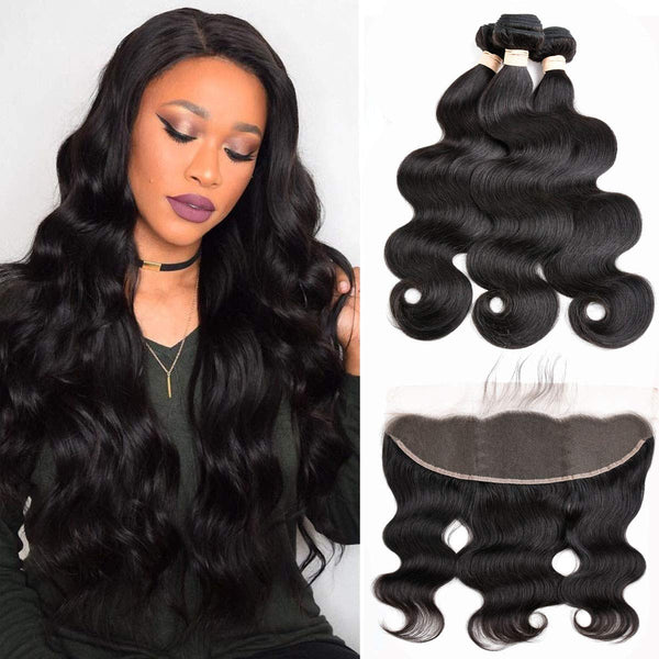Body Wave 3 Bundles with Frontal Human Hair Bundles with Lace Frontal (18 20 22+18, Natural Black) Brazilian Body Wave Hair Virgin Hair Ear to Ear 13x4 Frontal Natural Black