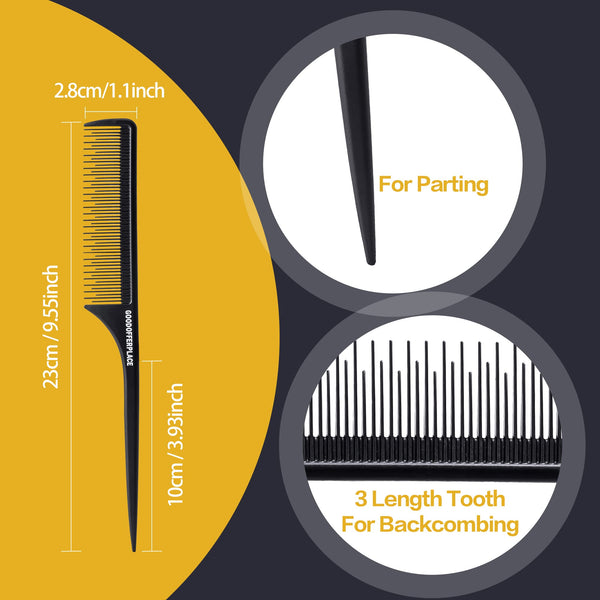 4 PCS Rat Tail Combs Parting Rattail Combs Teasing Fine Tooth Comb with Metal Pick for Curly Hair,Detangling Combs for Women,Parting Combs for Braiding,Styling Hair(Black)