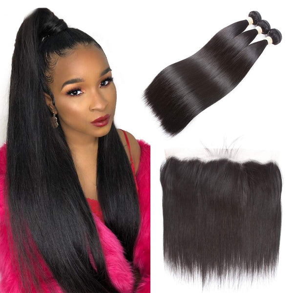 Body Wave 3 Bundles with Frontal Human Hair Bundles with Lace Frontal (18 20 22+18, Natural Black) Brazilian Body Wave Hair Virgin Hair Ear to Ear 13x4 Frontal Natural Black