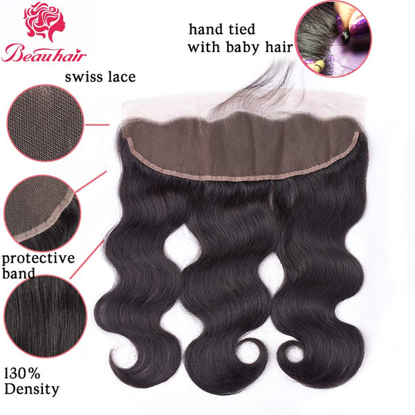Body Wave 3 Bundles with Frontal Human Hair Bundles with Lace Frontal (18 20 22+18, Natural Black) Brazilian Body Wave Hair Virgin Hair Ear to Ear 13x4 Frontal Natural Black