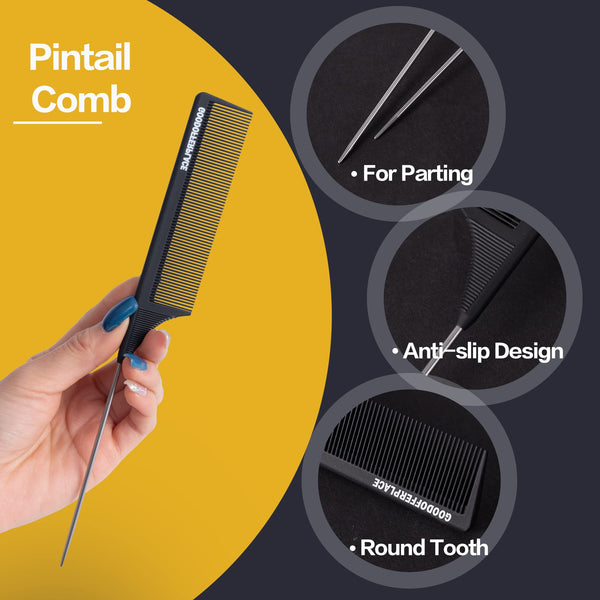 4 PCS Rat Tail Combs Parting Rattail Combs Teasing Fine Tooth Comb with Metal Pick for Curly Hair,Detangling Combs for Women,Parting Combs for Braiding,Styling Hair(Black)