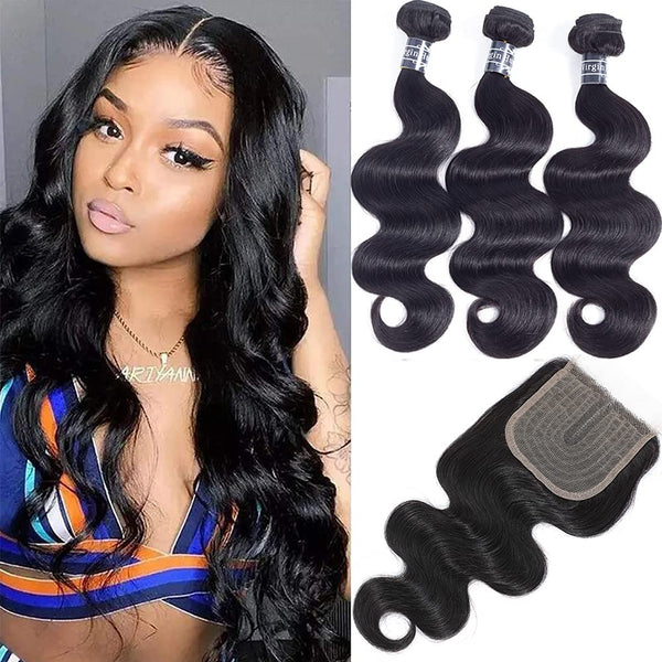 Amella Hair 8A Brazilian Body Wave Virgin Hair 3 Bundles with Three Part Closure (14 16 18+12,Natural Black) 100% Unprocessed Brazilian Body Wave Human Hair Weft with Lace Closure Brazilian Body Wave