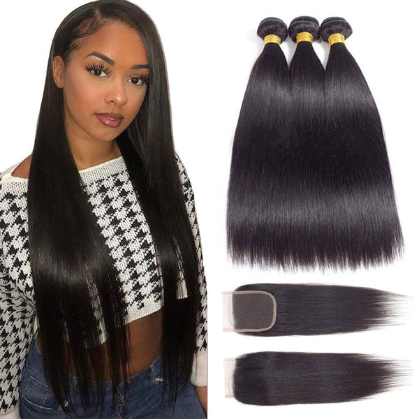 12A Grade Brazilian Virgin Hair Straight 3 Bundles with Closure (18 20 22+16"Closure) 100% Unprocessed Virgin Brazilian Remy Straight Human Hair Bundles with Lace Closure Natural Color