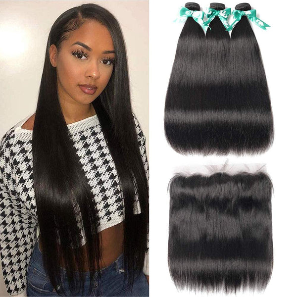 Body Wave 3 Bundles with Frontal Human Hair Bundles with Lace Frontal (18 20 22+18, Natural Black) Brazilian Body Wave Hair Virgin Hair Ear to Ear 13x4 Frontal Natural Black