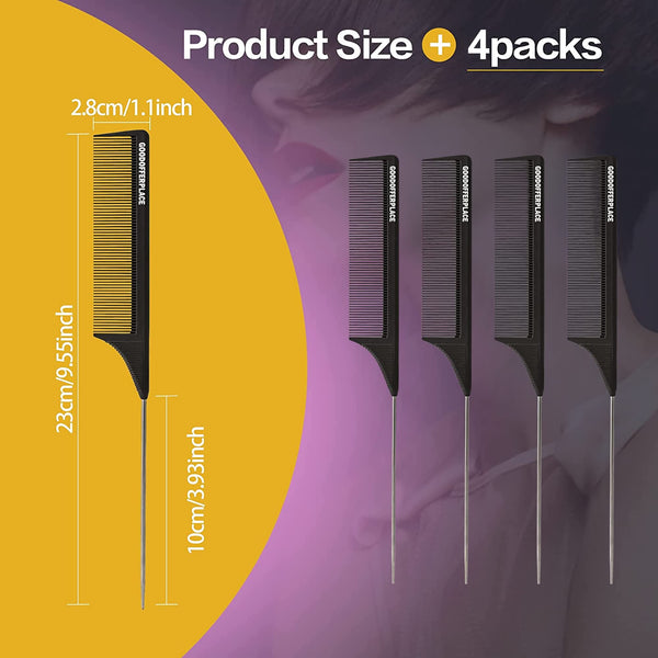 4 PCS Rat Tail Combs Parting Rattail Combs Teasing Fine Tooth Comb with Metal Pick for Curly Hair,Detangling Combs for Women,Parting Combs for Braiding,Styling Hair(Black)