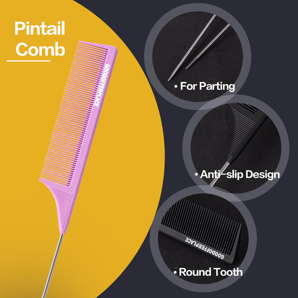 4 PCS Rat Tail Combs Parting Rattail Combs Teasing Fine Tooth Comb with Metal Pick for Curly Hair,Detangling Combs for Women,Parting Combs for Braiding,Styling Hair(Black)