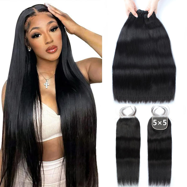 12A Grade Brazilian Virgin Hair Straight 3 Bundles with Closure (18 20 22+16"Closure) 100% Unprocessed Virgin Brazilian Remy Straight Human Hair Bundles with Lace Closure Natural Color