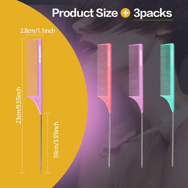 4 PCS Rat Tail Combs Parting Rattail Combs Teasing Fine Tooth Comb with Metal Pick for Curly Hair,Detangling Combs for Women,Parting Combs for Braiding,Styling Hair(Black)