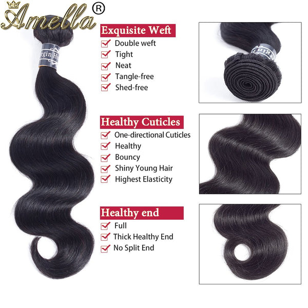 Amella Hair 8A Brazilian Body Wave Virgin Hair 3 Bundles with Three Part Closure (14 16 18+12,Natural Black) 100% Unprocessed Brazilian Body Wave Human Hair Weft with Lace Closure Brazilian Body Wave