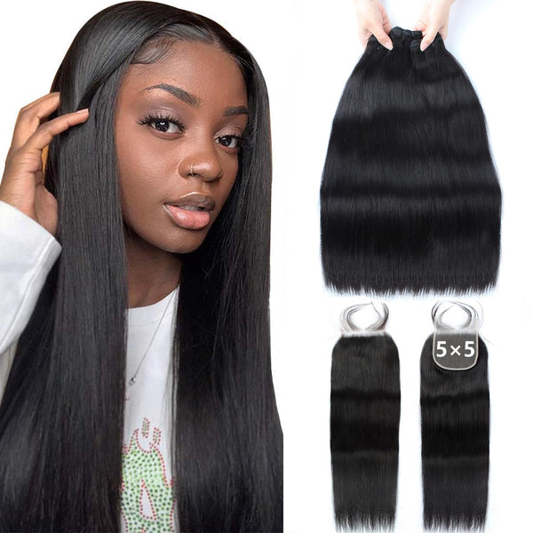12A Grade Brazilian Virgin Hair Straight 3 Bundles with Closure (18 20 22+16"Closure) 100% Unprocessed Virgin Brazilian Remy Straight Human Hair Bundles with Lace Closure Natural Color