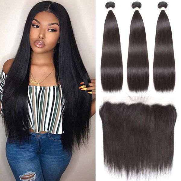 Body Wave 3 Bundles with Frontal Human Hair Bundles with Lace Frontal (18 20 22+18, Natural Black) Brazilian Body Wave Hair Virgin Hair Ear to Ear 13x4 Frontal Natural Black