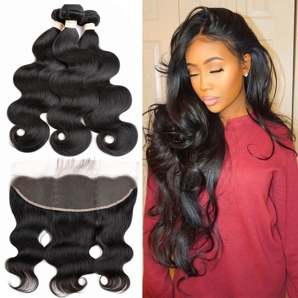 Body Wave 3 Bundles with Frontal Human Hair Bundles with Lace Frontal (18 20 22+18, Natural Black) Brazilian Body Wave Hair Virgin Hair Ear to Ear 13x4 Frontal Natural Black