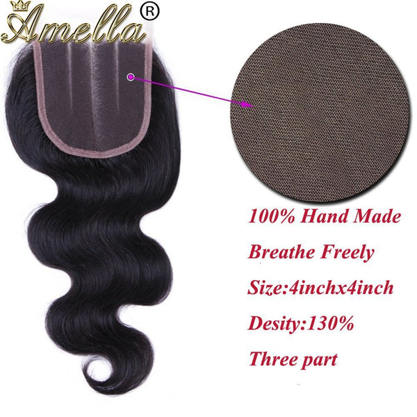 Amella Hair 8A Brazilian Body Wave Virgin Hair 3 Bundles with Three Part Closure (14 16 18+12,Natural Black) 100% Unprocessed Brazilian Body Wave Human Hair Weft with Lace Closure Brazilian Body Wave