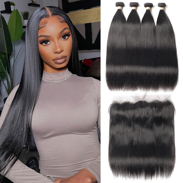 Body Wave 3 Bundles with Frontal Human Hair Bundles with Lace Frontal (18 20 22+18, Natural Black) Brazilian Body Wave Hair Virgin Hair Ear to Ear 13x4 Frontal Natural Black