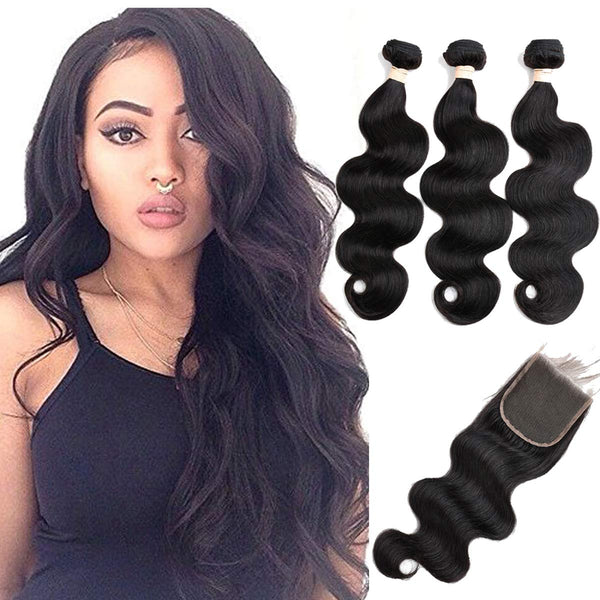 Body Wave 3 Bundles with Frontal Human Hair Bundles with Lace Frontal (18 20 22+18, Natural Black) Brazilian Body Wave Hair Virgin Hair Ear to Ear 13x4 Frontal Natural Black