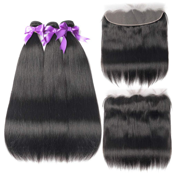 Body Wave 3 Bundles with Frontal Human Hair Bundles with Lace Frontal (18 20 22+18, Natural Black) Brazilian Body Wave Hair Virgin Hair Ear to Ear 13x4 Frontal Natural Black