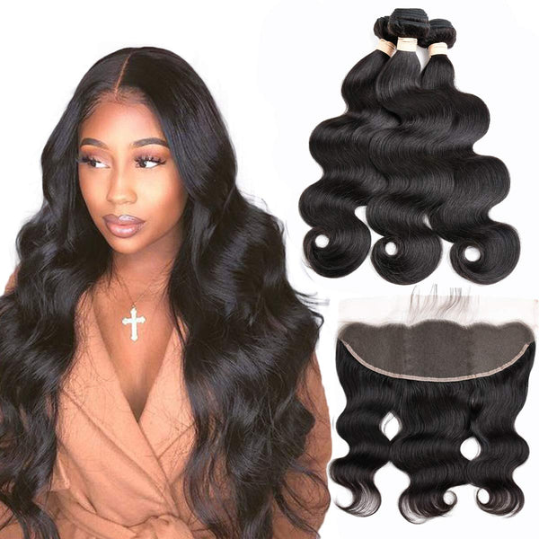 Body Wave 3 Bundles with Frontal Human Hair Bundles with Lace Frontal (18 20 22+18, Natural Black) Brazilian Body Wave Hair Virgin Hair Ear to Ear 13x4 Frontal Natural Black