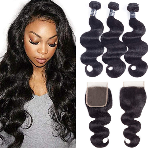 Amella Hair 8A Brazilian Body Wave Virgin Hair 3 Bundles with Three Part Closure (14 16 18+12,Natural Black) 100% Unprocessed Brazilian Body Wave Human Hair Weft with Lace Closure Brazilian Body Wave