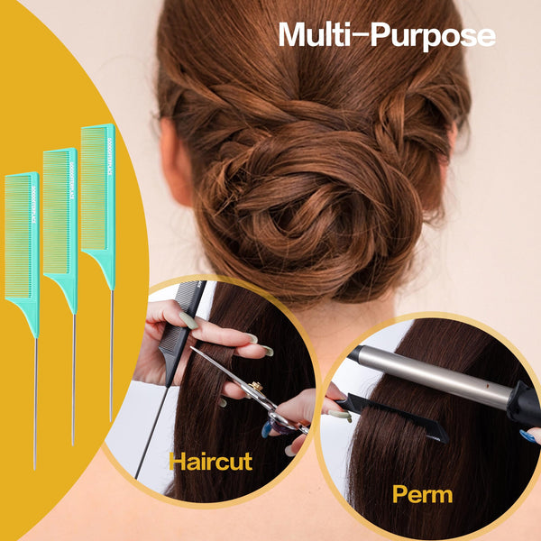 4 PCS Rat Tail Combs Parting Rattail Combs Teasing Fine Tooth Comb with Metal Pick for Curly Hair,Detangling Combs for Women,Parting Combs for Braiding,Styling Hair(Black)