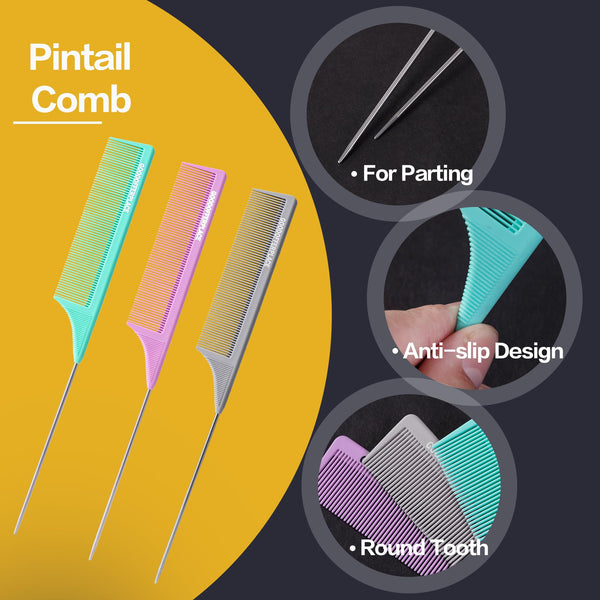 4 PCS Rat Tail Combs Parting Rattail Combs Teasing Fine Tooth Comb with Metal Pick for Curly Hair,Detangling Combs for Women,Parting Combs for Braiding,Styling Hair(Black)