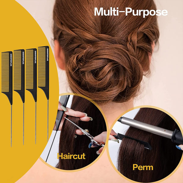 4 PCS Rat Tail Combs Parting Rattail Combs Teasing Fine Tooth Comb with Metal Pick for Curly Hair,Detangling Combs for Women,Parting Combs for Braiding,Styling Hair(Black)