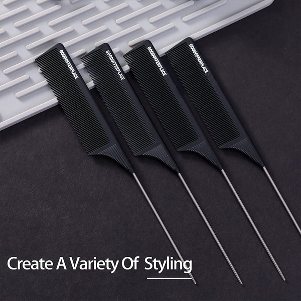 4 PCS Rat Tail Combs Parting Rattail Combs Teasing Fine Tooth Comb with Metal Pick for Curly Hair,Detangling Combs for Women,Parting Combs for Braiding,Styling Hair(Black)