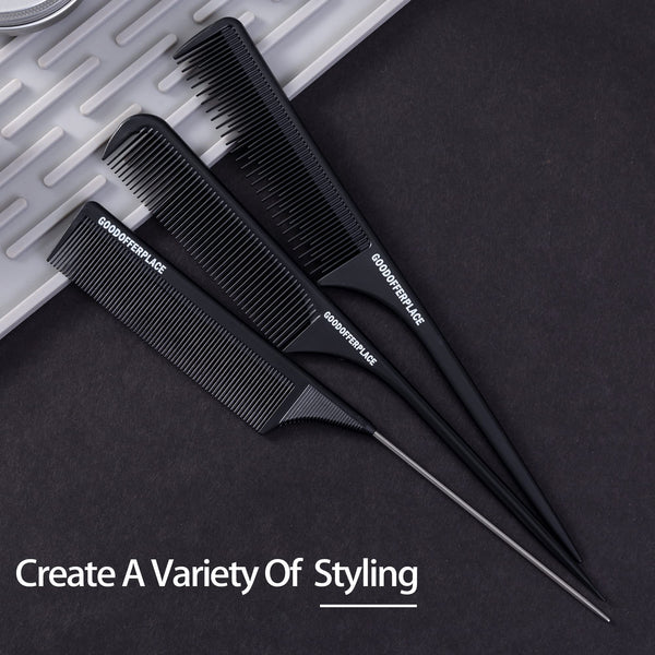 4 PCS Rat Tail Combs Parting Rattail Combs Teasing Fine Tooth Comb with Metal Pick for Curly Hair,Detangling Combs for Women,Parting Combs for Braiding,Styling Hair(Black)