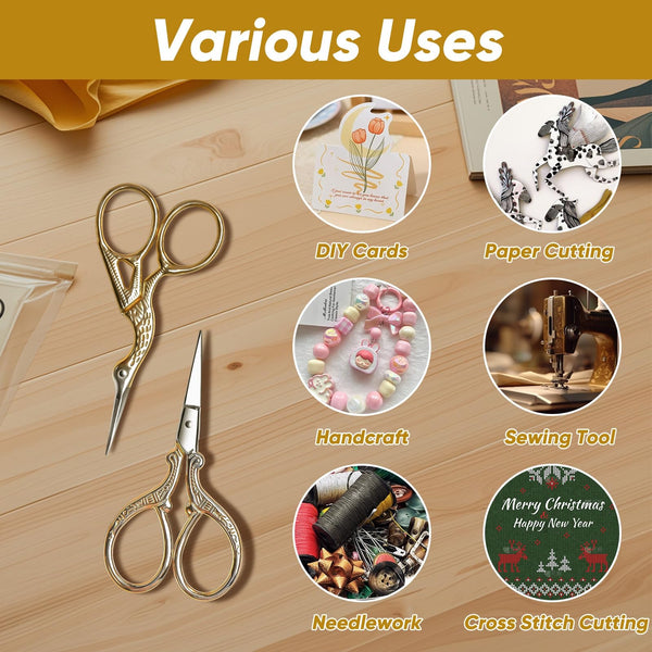 AQUEENLY Embroidery Scissors, Stainless Steel Sharp Stork Scissors for Sewing Crafting, Art Work, Threading, Needlework - DIY Tools Dressmaker Small Shears - 2 Pcs (3.6 Inches, Gold)