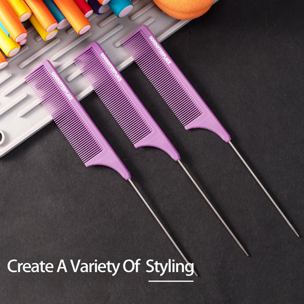 4 PCS Rat Tail Combs Parting Rattail Combs Teasing Fine Tooth Comb with Metal Pick for Curly Hair,Detangling Combs for Women,Parting Combs for Braiding,Styling Hair(Black)