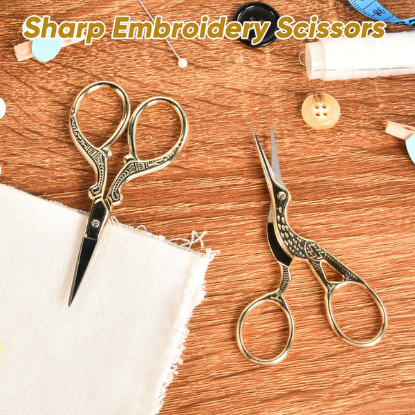 AQUEENLY Embroidery Scissors, Stainless Steel Sharp Stork Scissors for Sewing Crafting, Art Work, Threading, Needlework - DIY Tools Dressmaker Small Shears - 2 Pcs (3.6 Inches, Gold)