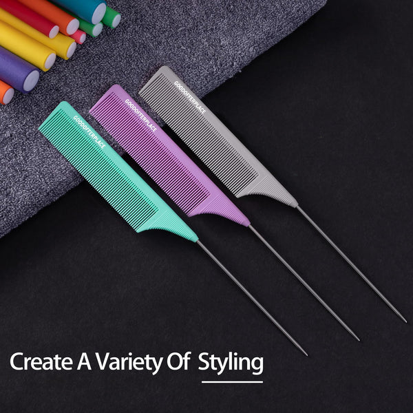 4 PCS Rat Tail Combs Parting Rattail Combs Teasing Fine Tooth Comb with Metal Pick for Curly Hair,Detangling Combs for Women,Parting Combs for Braiding,Styling Hair(Black)