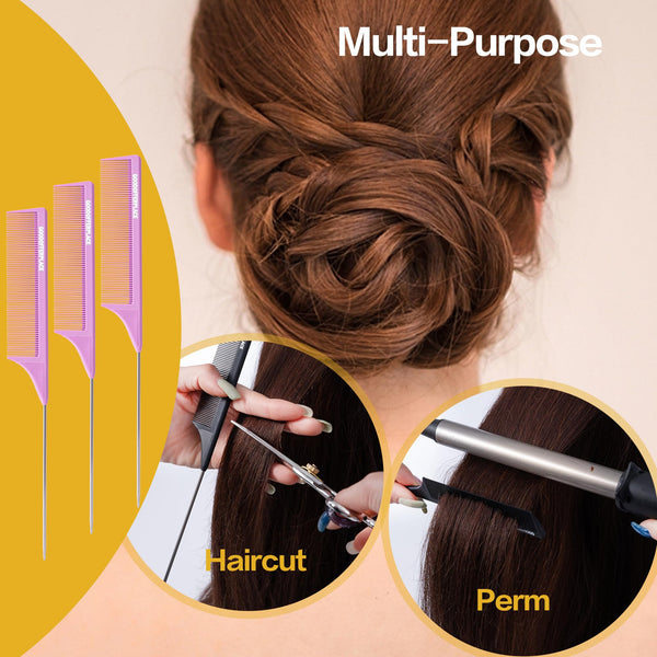 4 PCS Rat Tail Combs Parting Rattail Combs Teasing Fine Tooth Comb with Metal Pick for Curly Hair,Detangling Combs for Women,Parting Combs for Braiding,Styling Hair(Black)