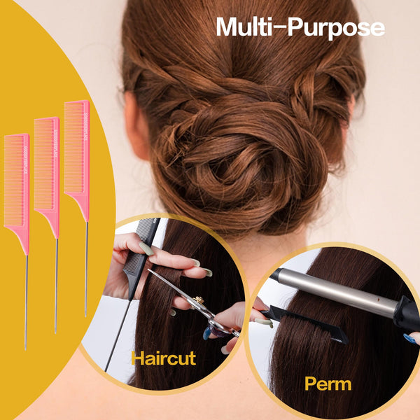 4 PCS Rat Tail Combs Parting Rattail Combs Teasing Fine Tooth Comb with Metal Pick for Curly Hair,Detangling Combs for Women,Parting Combs for Braiding,Styling Hair(Black)