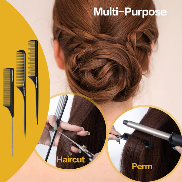 4 PCS Rat Tail Combs Parting Rattail Combs Teasing Fine Tooth Comb with Metal Pick for Curly Hair,Detangling Combs for Women,Parting Combs for Braiding,Styling Hair(Black)