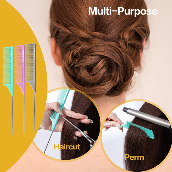 4 PCS Rat Tail Combs Parting Rattail Combs Teasing Fine Tooth Comb with Metal Pick for Curly Hair,Detangling Combs for Women,Parting Combs for Braiding,Styling Hair(Black)